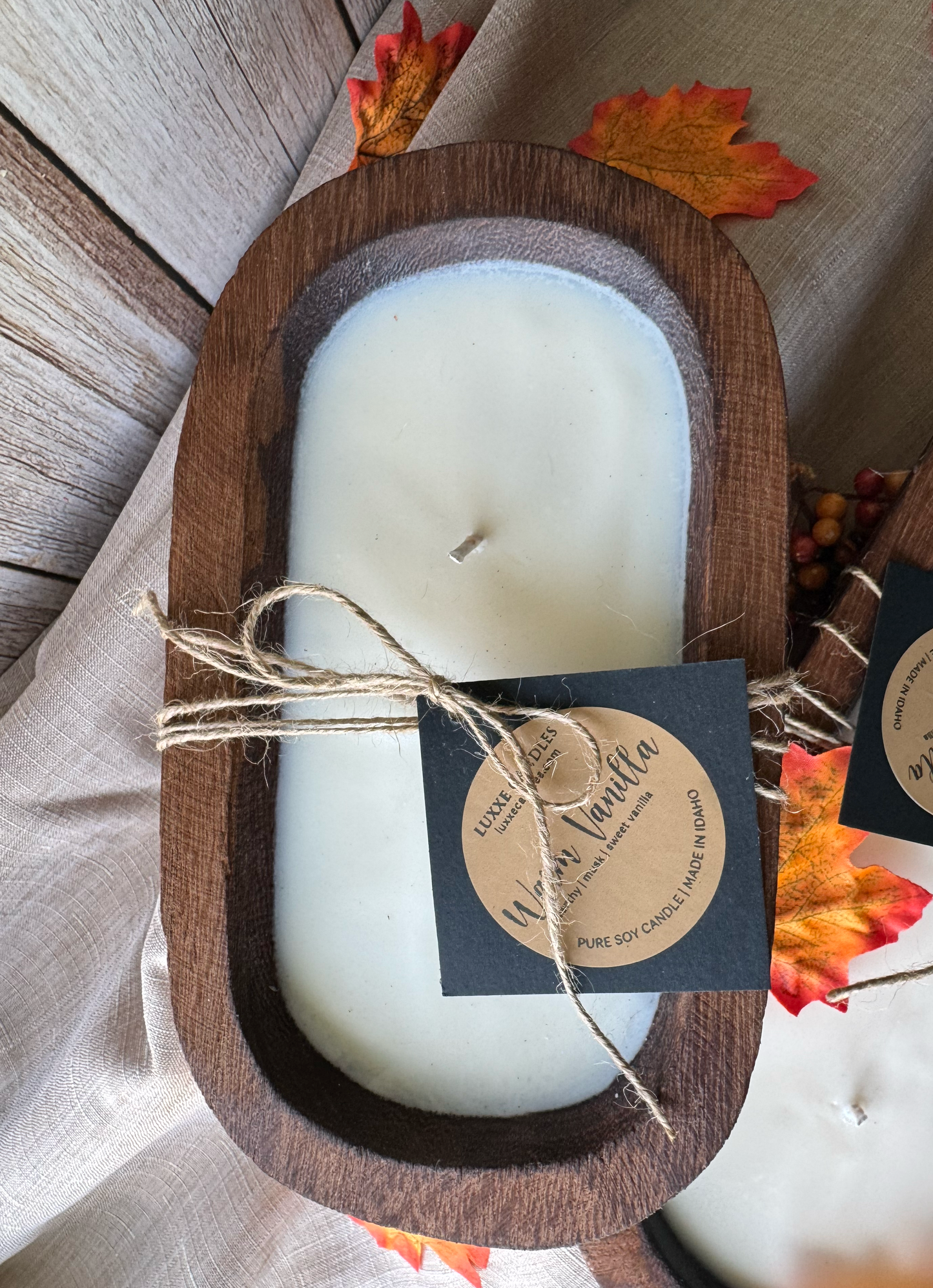 Warm Vanilla Candle in Hand-Carved Bowl | Organic Soy Candle