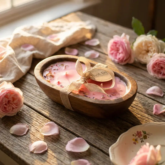 Fresh Rose Candle in Hand-carved Bowl | Organic Soy Candle