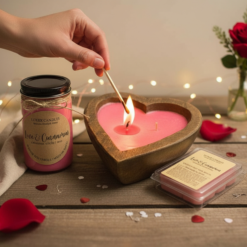 Heart Valentines Candle | Organic Soy Wax Wood Bowl