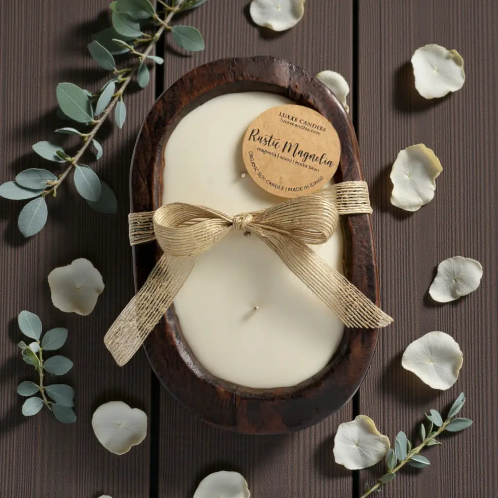 Rustic Magnolia Wooden Bowl Candle | Organic Soy Wax | Hand-Poured Luxxe Candles