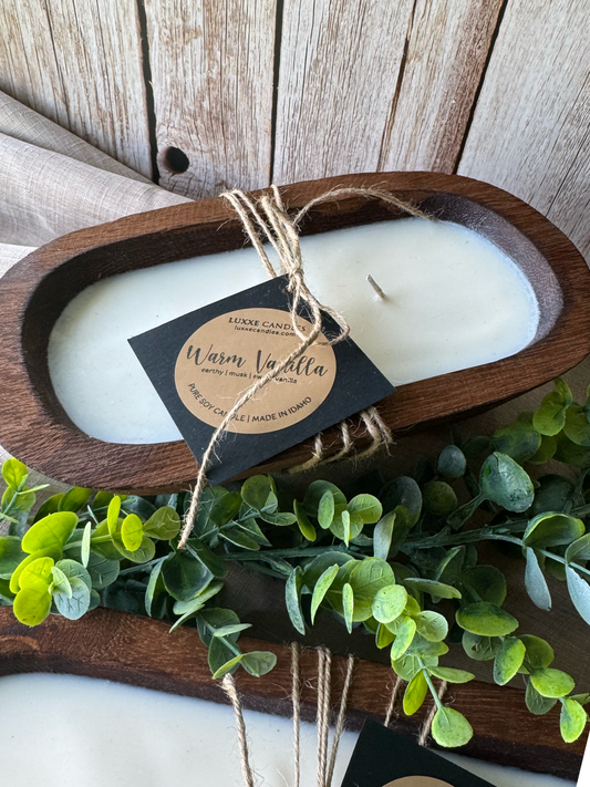 Warm Vanilla Candle in Hand-Carved Bowl |  Organic Soy Candle